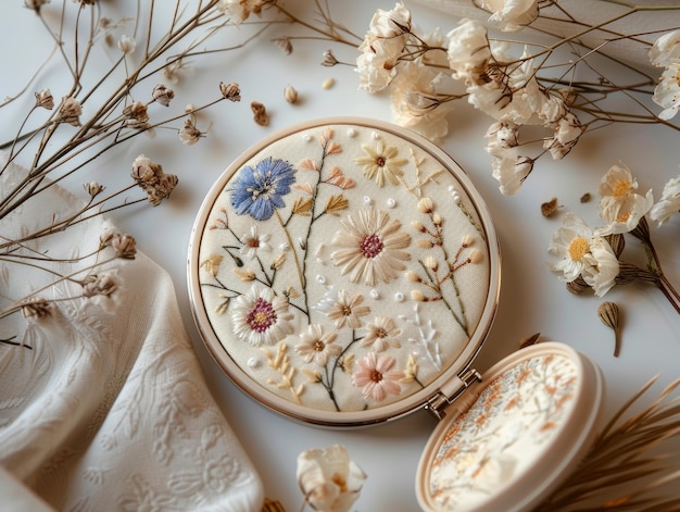 Ozdobny haft ręczny na pastelowym tle